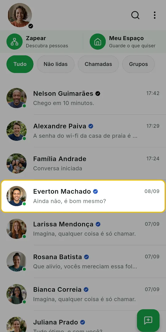 Lista de conversas do ZAP com a conversa escolhida em destaque