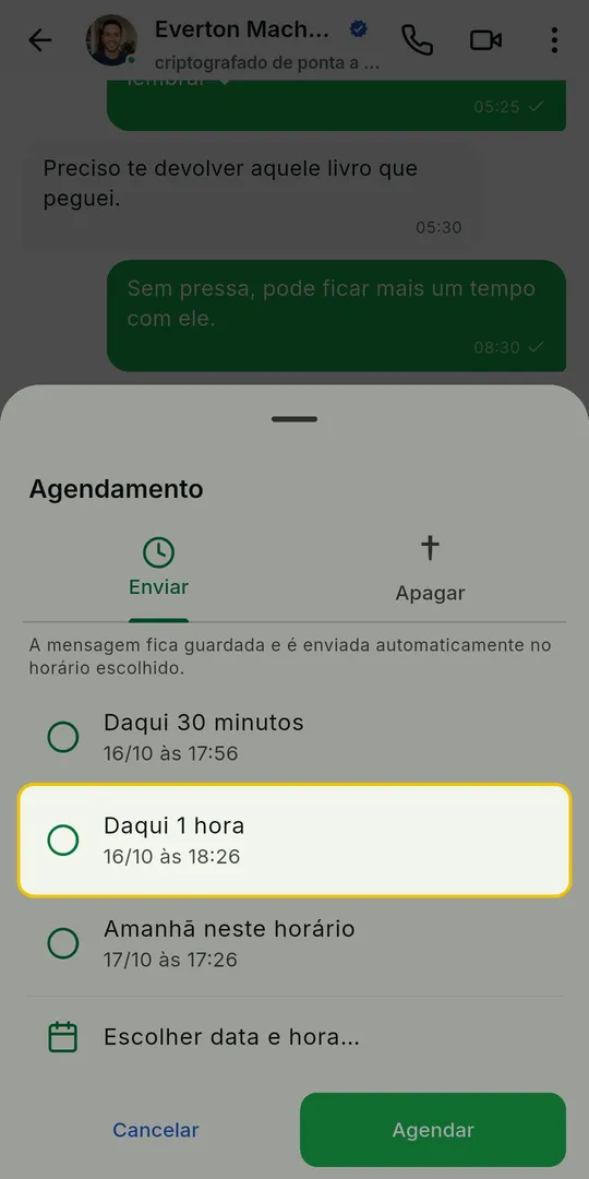 Painel Agendamento aberto na aba Enviar com as opções de horário e Escolher data e hora