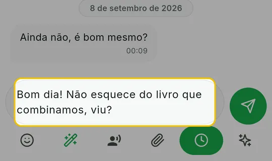 Campo de mensagem com o texto digitado e o relógio verde abaixo