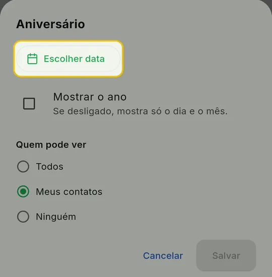 Painel Aniversário com o botão Escolher data em destaque