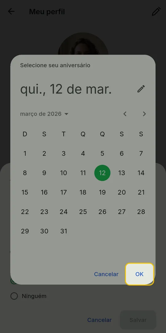 Calendário Selecione seu aniversário com um dia marcado