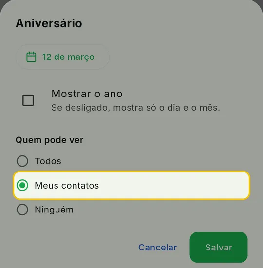 Painel Aniversário com a data escolhida, a opção Mostrar o ano e as opções de Quem pode ver
