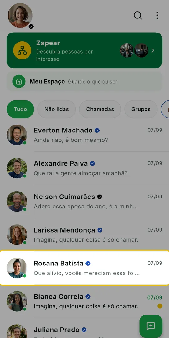 Lista de conversas do ZAP com a conversa que será apagada em destaque