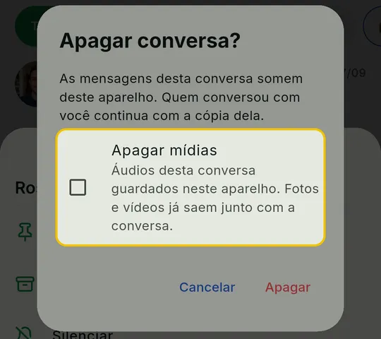 Janela Apagar conversa? com a caixa Apagar mídias em destaque