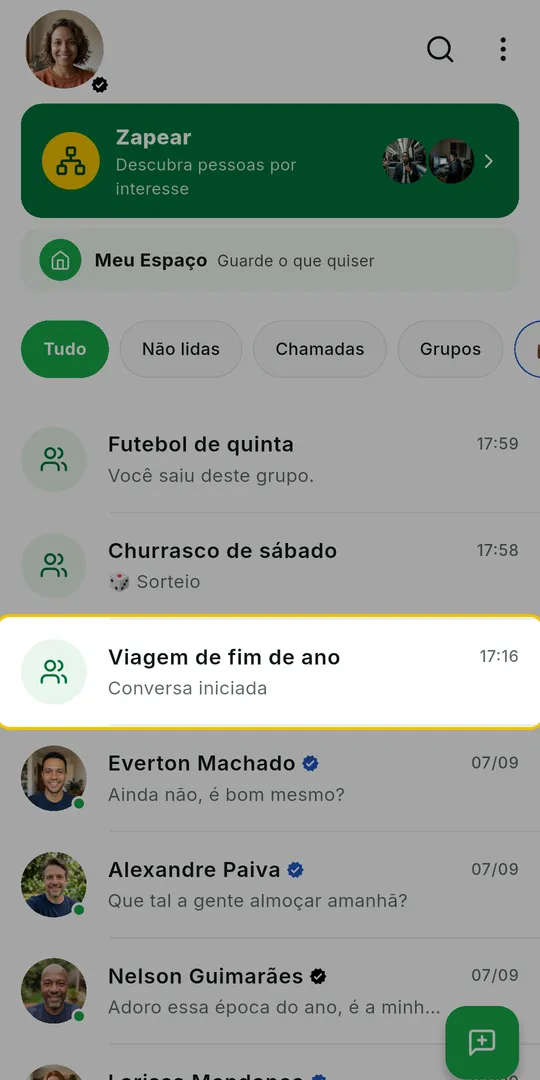 Lista de conversas do ZAP com o grupo escolhido em destaque
