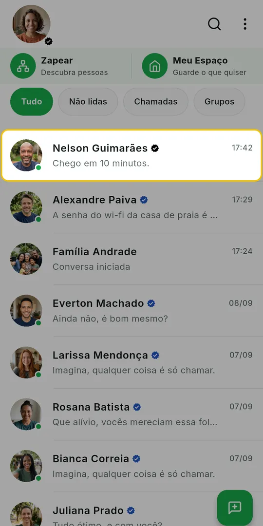 Lista de conversas do ZAP com a conversa escolhida em destaque