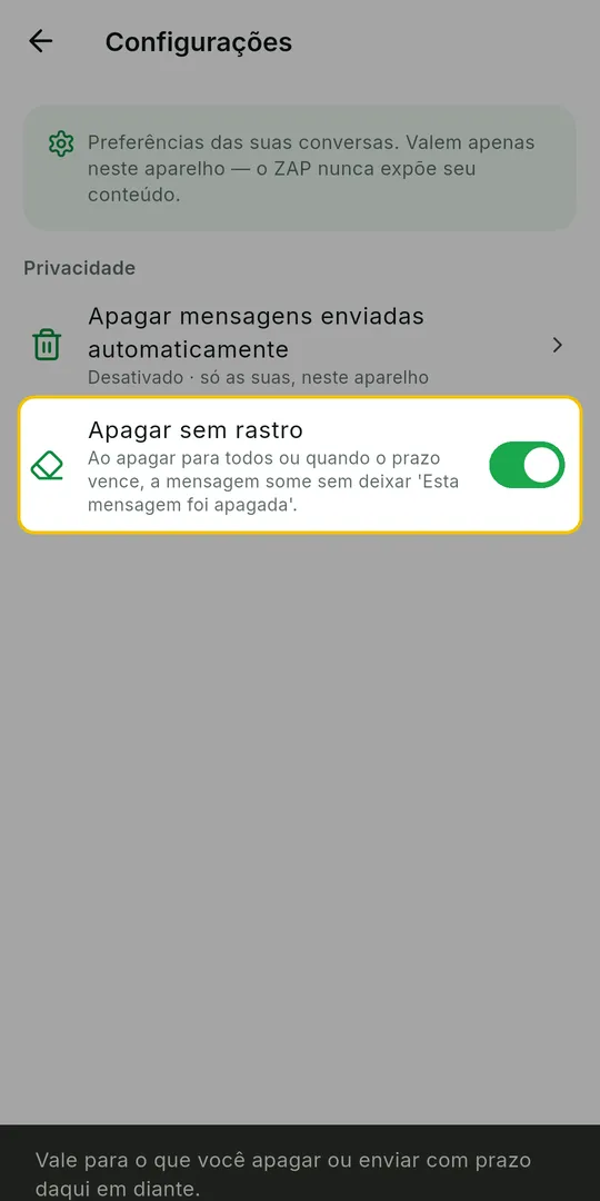Tela Configurações com a chave Apagar sem rastro ligada