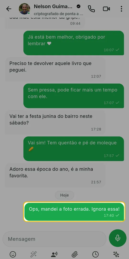 Conversa com uma mensagem enviada marcada em verde e a barra de ícones no alto da tela