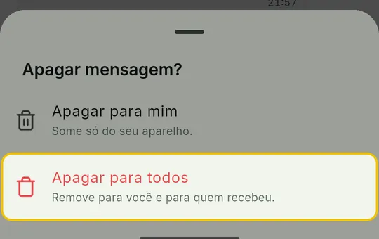 Painel Apagar mensagem? com as opções Apagar para mim e Apagar para todos