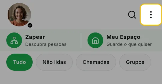 Alto da tela inicial do ZAP com o menu de três pontos em destaque