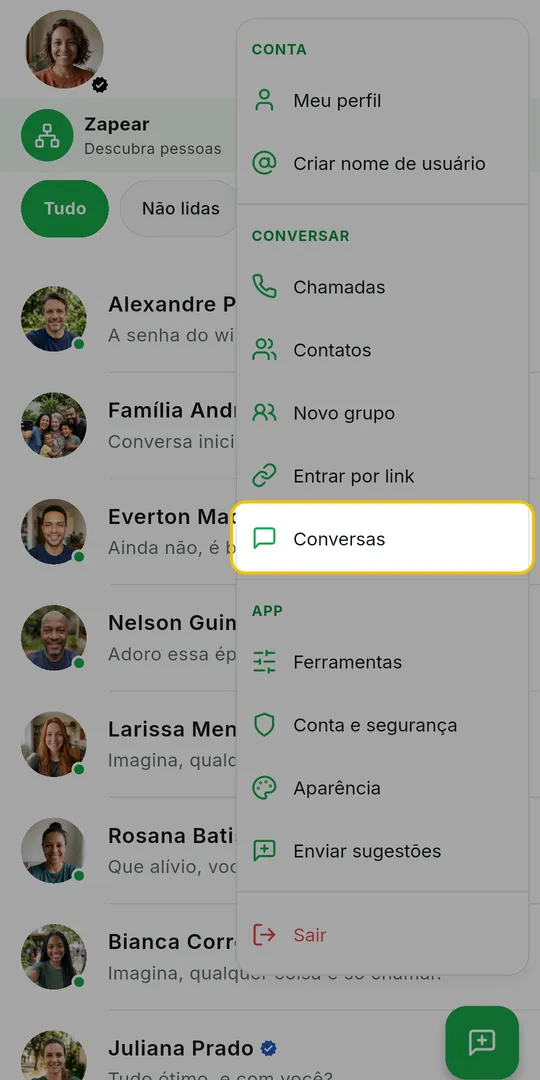 Menu da tela inicial aberto com a opção Conversas em destaque