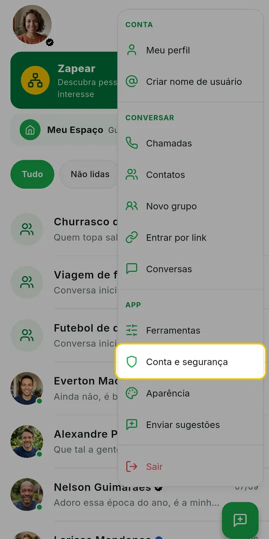 Menu da tela inicial aberto com a opção Conta e segurança em destaque
