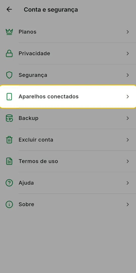 Tela Conta e segurança com a opção Aparelhos conectados em destaque