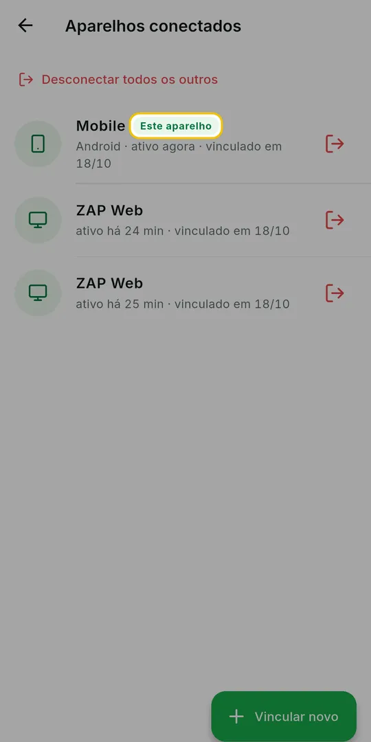 Tela Aparelhos conectados com o celular marcado como Este aparelho e um ZAP Web abaixo, cada um com tipo, última atividade e data de conexão