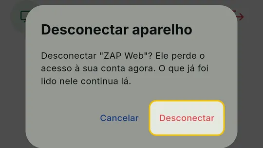 Janela Desconectar aparelho com os botões Cancelar e Desconectar, este em destaque