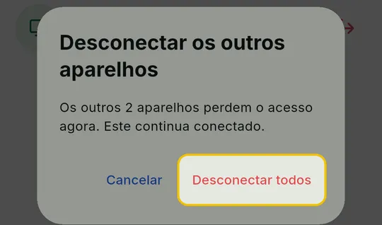 Janela Desconectar os outros aparelhos com os botões Cancelar e Desconectar todos, este em destaque
