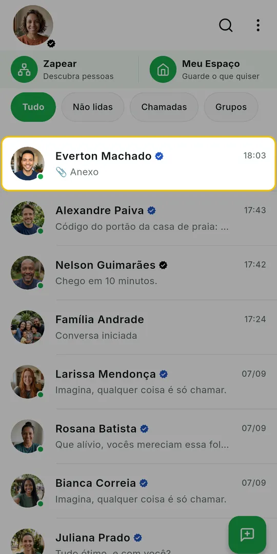Lista de conversas do ZAP com a conversa que recebeu o áudio em destaque