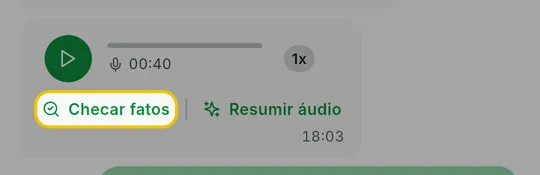 Bolha de áudio recebido com o link Checar fatos abaixo do player