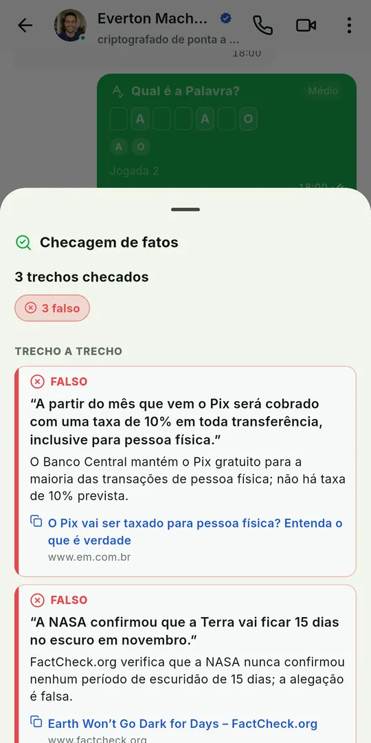Tela Checagem de fatos com o total de trechos checados e cada trecho com veredito, explicação e fontes