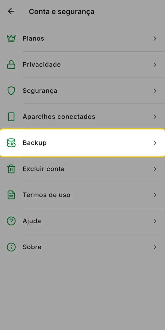Tela Conta e segurança com a opção Backup em destaque