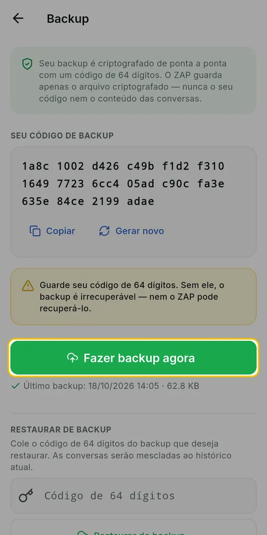 Tela Backup com o aviso para guardar o código e o botão Fazer backup agora em destaque