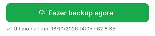 Botão Fazer backup agora com a linha Último backup mostrando data, hora e tamanho logo abaixo