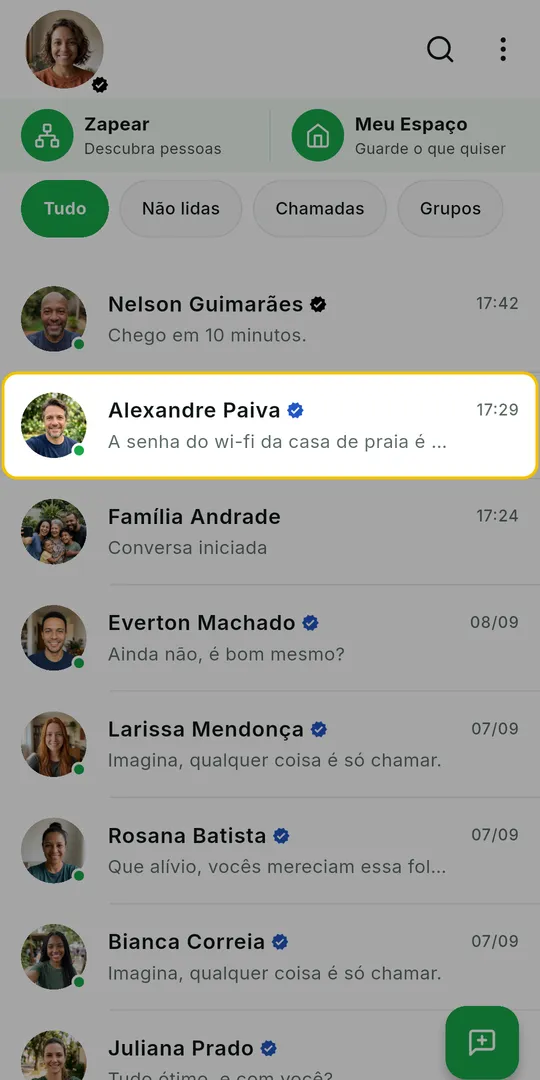 Lista de conversas do ZAP com a conversa escolhida em destaque