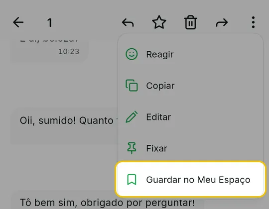Menu de opções da mensagem com Guardar no Meu Espaço em destaque