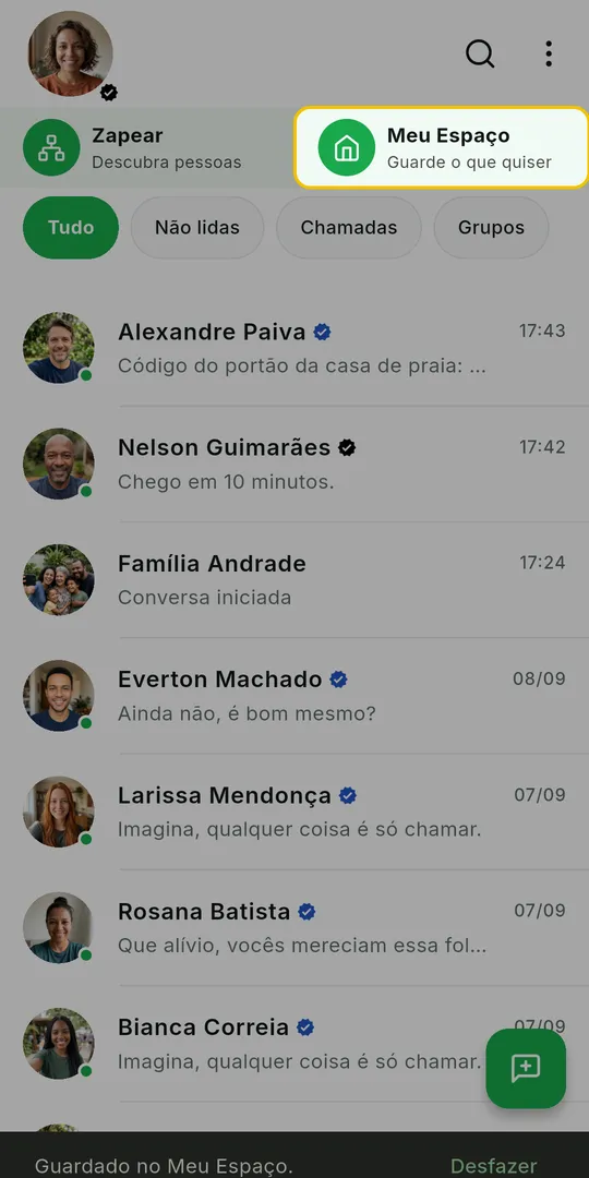 Tela inicial do ZAP com o atalho Meu Espaço em destaque
