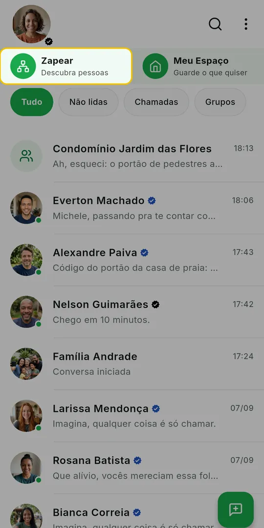 Tela inicial do ZAP com o atalho Zapear, Descubra pessoas, no topo da lista de conversas