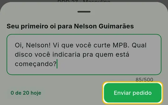 Botão Enviar pedido na janela do primeiro oi