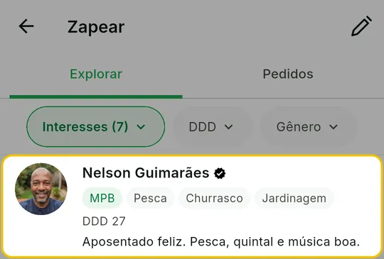 Aba Explorar com cartões de pessoas mostrando avatar, nome, interesses em comum, DDD e bio
