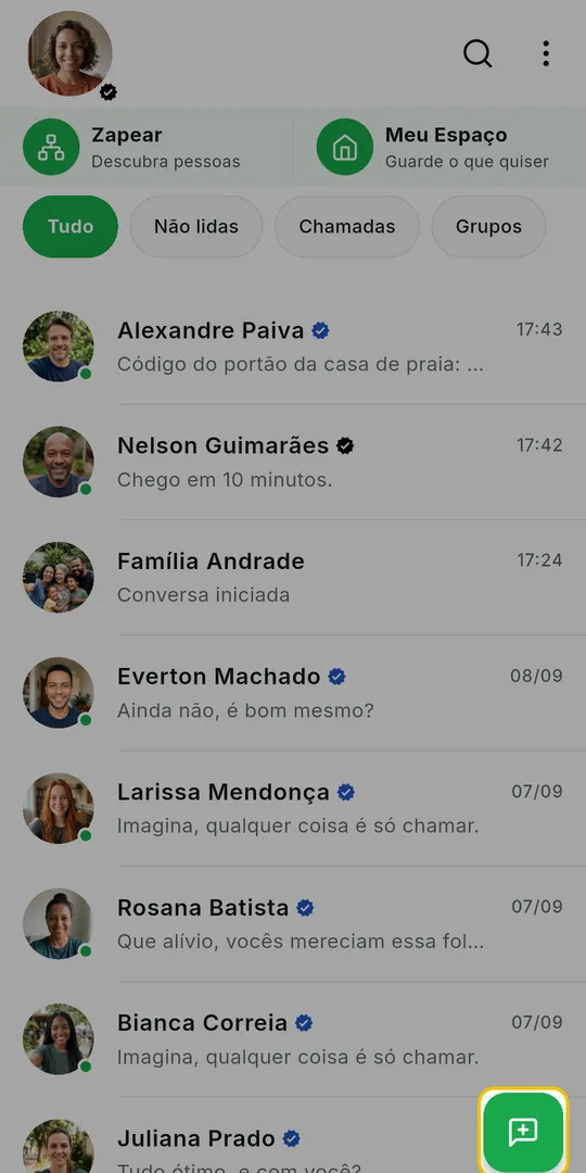 Tela inicial do ZAP com o botão verde Nova conversa em destaque no canto inferior direito