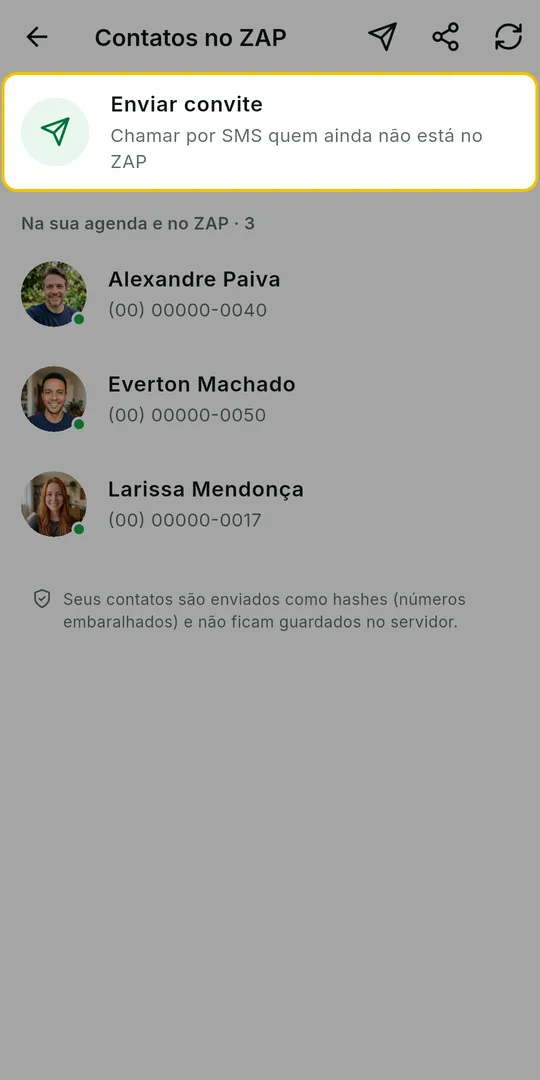 Tela Contatos no ZAP com a opção Enviar convite em destaque no topo da lista