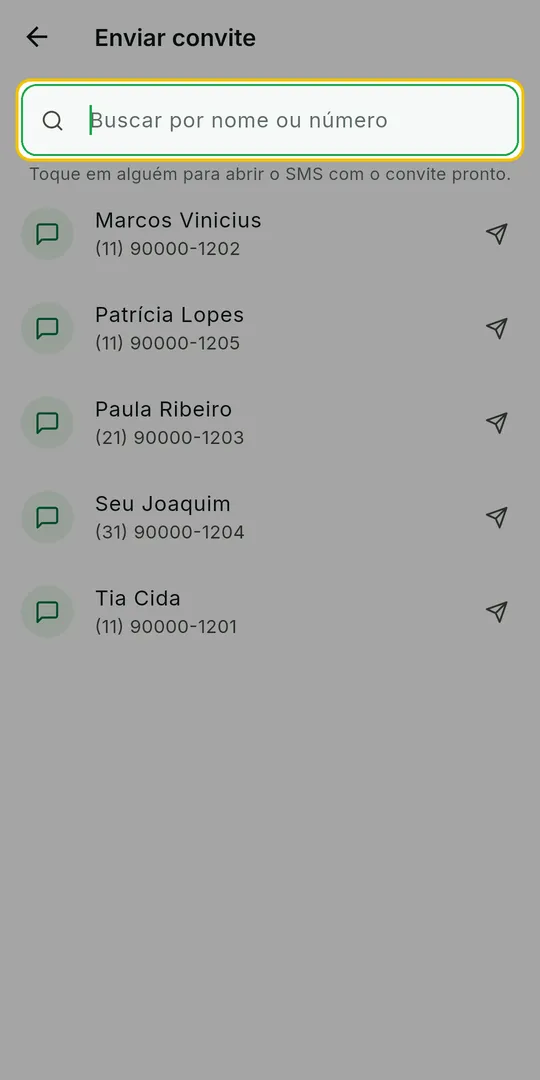 Tela Enviar convite com um nome digitado no campo de busca e a lista filtrada