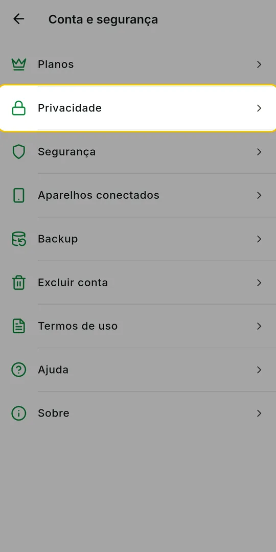 Tela Conta e segurança com a opção Privacidade em destaque