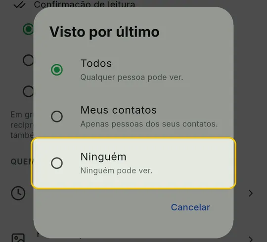 Janela Visto por último com as opções Todos, Meus contatos e Ninguém, com Ninguém em destaque