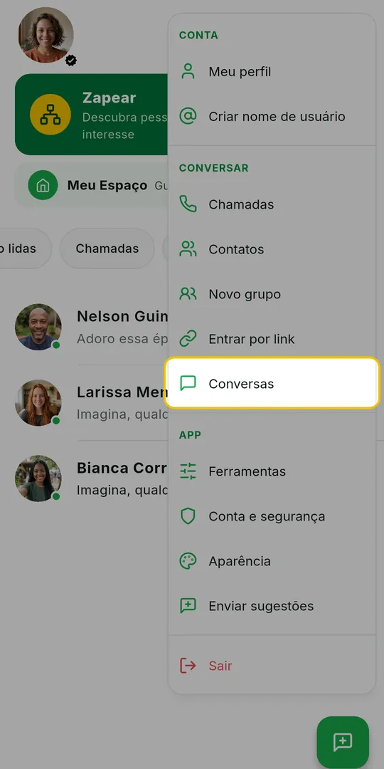 Menu da tela inicial aberto com a opção Conversas em destaque