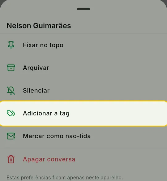 Painel de opções da conversa com Adicionar a tag em destaque