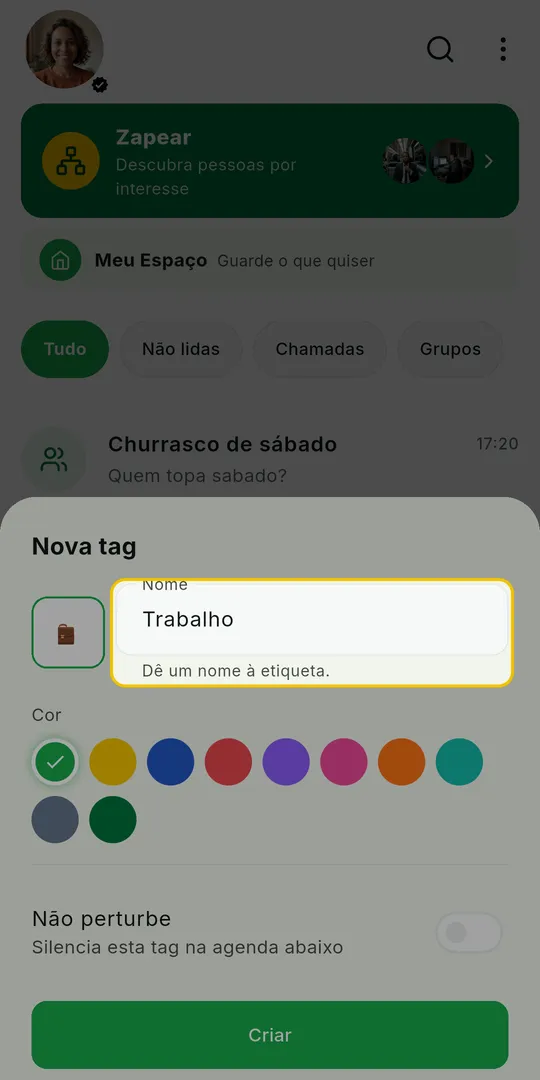 Painel Nova tag com o campo Nome preenchido e o campo de emoji