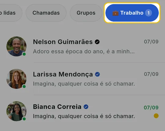 Botões de filtro no alto da tela inicial com a tag escolhida e a lista só com as conversas dela