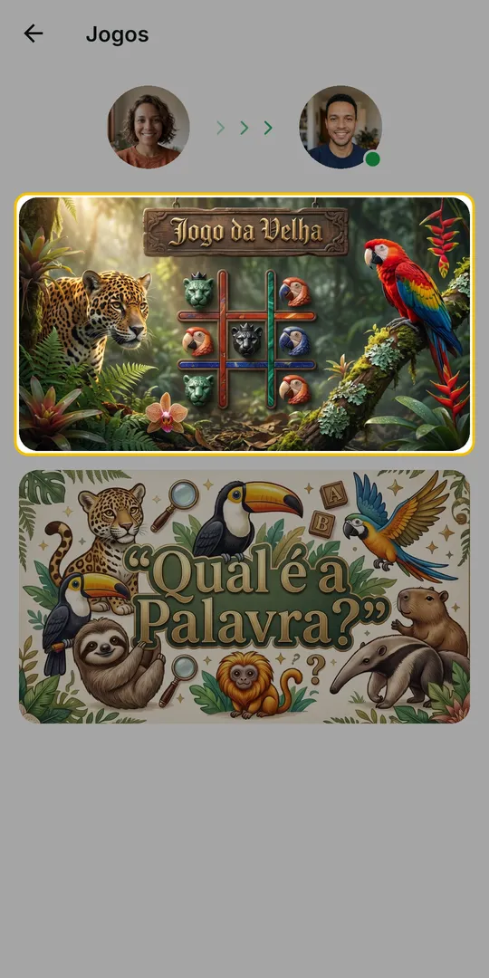 Tela Jogos com os cartões Jogo da Velha e Qual é a Palavra? abaixo dos avatares dos dois jogadores