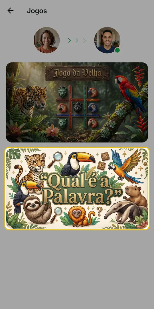 Tela Jogos com o cartão Qual é a Palavra? em destaque