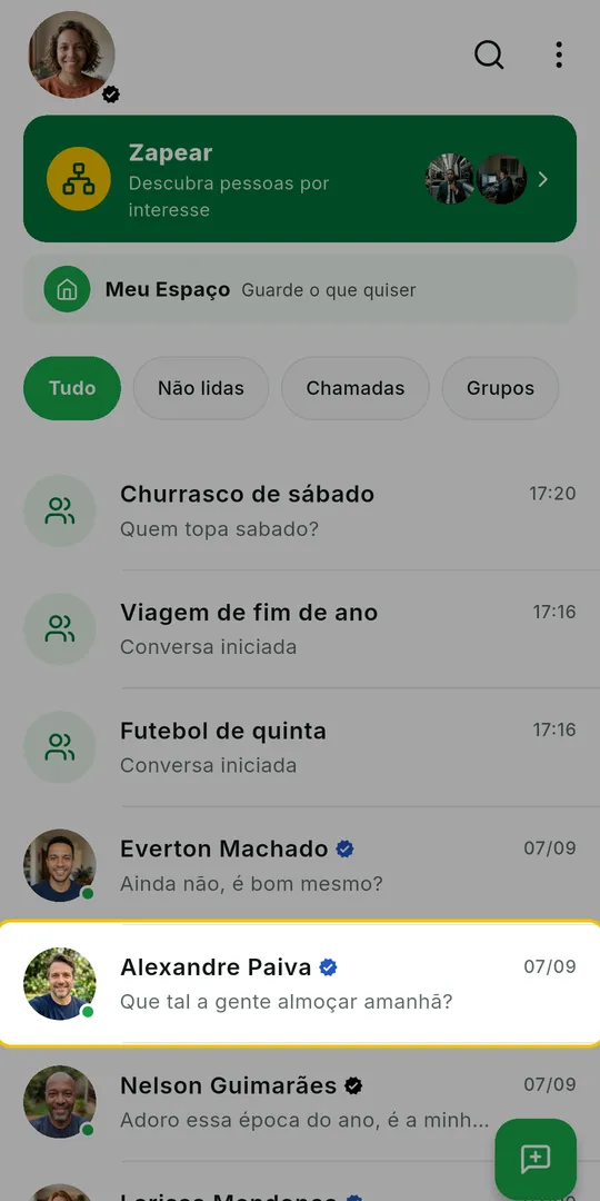 Lista de conversas do ZAP com a conversa escolhida em destaque
