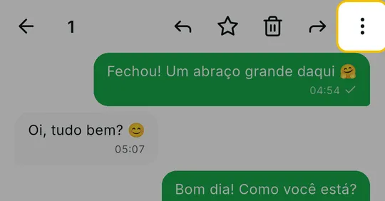 Barra do alto da conversa com a mensagem selecionada e o menu de três pontos em destaque