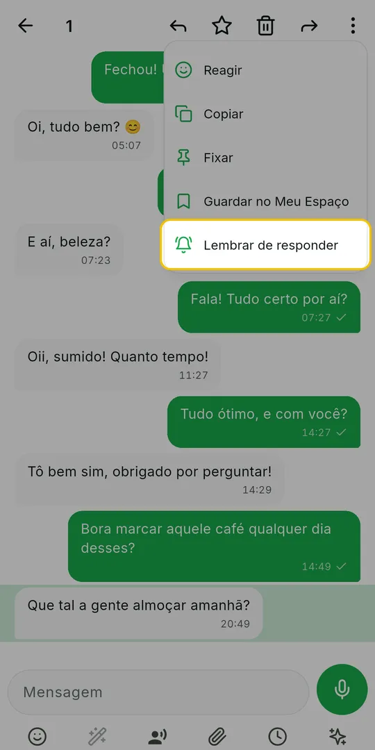 Menu de opções da mensagem com Lembrar de responder em destaque