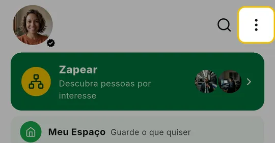 Alto da tela inicial do ZAP com o menu de três pontos em destaque