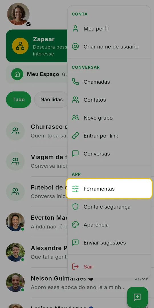 Menu da tela inicial aberto com a opção Ferramentas em destaque