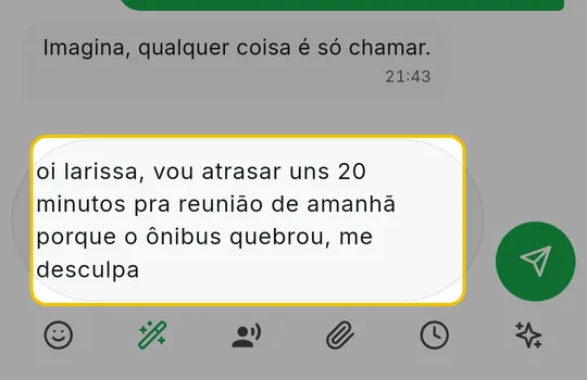 Campo de mensagem com um texto digitado e a varinha verde na fileira de ícones