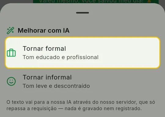 Janela Melhorar com IA com as opções Tornar formal, Tornar informal e Resumir texto